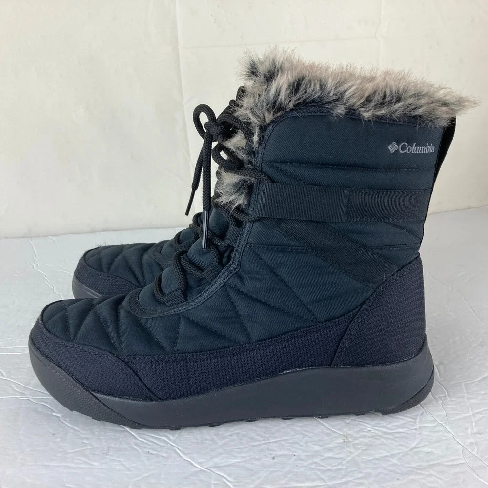 Columbia Waterproof Winter Boots Women 8W Wide Black Faux Fur Quilted Snow Rain